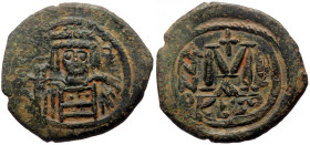Maurice Tiberius (582-602) AE Follis (Bronze, 31mm, 11.67). Cyzicus, Dated RY 2 (583/4). 
Obv: Crowned, draped, and cuirassed bust facing, holding glo...
