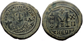 Maurice Tiberius (582-602 AD) AE Follis (Bronze, 30mm, 12.22g) Theoupolis (Antiochia) 
Obv: d N MAURI C N P AUT - crowned bust of Maurice facing, wear...