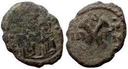 Phocas, with Leontia (602-610) AE Decanummium (Bronze, 1,84g, 18mm), Antioch. 
Obv: Phocas and Leontia standing facing, holding globus cruciger and cr...
