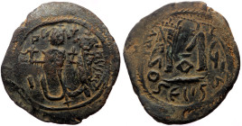 Heraclius, with Heraclius Constantine (610-641) AE Follis (Bronze, 13.02g, 37mm) Seleucia Isauria, Dated RY 6 (615/6) overstriked. 
Obv: Heraclius and...