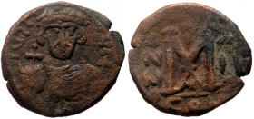 *Rare*
Justinian II (first reign, 685-695) AE Follis (Bronze, 8.51g, 25mm) Constantinople. 
Obv: IVST[INIANVS P], crowned bust facing, short beard, we...