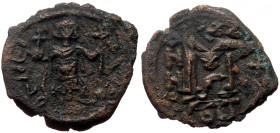Tiberius III Apsimar (698-705) AE Follis (Bronze, 5.16g, 26mm) Constantinople. Unknown date
Obv: DN Tiber..., Tiberius standing facing, holding globus...