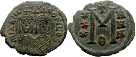 Michael II Amorianus with Theopilus (820-829) AE Follis (Bronze, 7.98g, 33mm) Constantinople.
Obv: MIXAHL S ΘЄOFILOS, Crowned facing busts of Michael ...