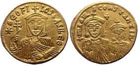 Theophilus, with Michael II and Constantine (829-842) AV solidus (Gold, 21mm, 4.33g) Constantinople, 830-840.
Obv: * ΘEOFILOS bASILE’Θ, Crowned facin...