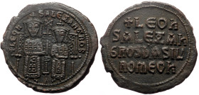Leo VI the Wise (886-912) AE Follis (Bronze, 7.28g, 28mm) Constantinople. 
Obv: LEOn S ALEXAnGROS, Leo VI and Alexander, each crowned and wearing loro...