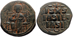 Anonymous Folles, time of Constantine IX (ca 1042-1055) AE Follis (Bronze, 28mm, 9.17g) Constantinopolis. 
Obv: Christ seated facing on square-backed ...