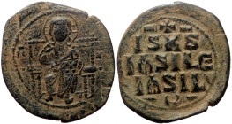 Anonymous Folles attributed to Constantine IX Monomachus (1042-1055) AE follis (Bronze, 8.96g, 33mm) Constantinople mint, 1045-1055. 
Obv: Christ, nim...