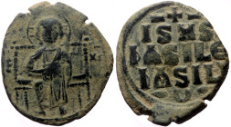 Anonymous Folles attributed to Constantine IX Monomachus (1042-1055) AE follis (Bronze, 9.27g, 30mm) Constantinople mint, 1045-1055. 
Obv: Christ, nim...