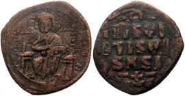 Anonymous Folles attributed to Constantine IX Monomachus (1042-1055) AE follis (Bronze, 9.09g, 32mm) Constantinople mint, 1045-1055. 
Obv: Christ, nim...
