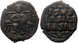 Anonymous Folles attributed to Constantine IX Monomachus (1042-1055) AE follis (Bronze, 8.61g, 31mm) Constantinople mint, 1045-1055. 
Obv: Christ, nim...
