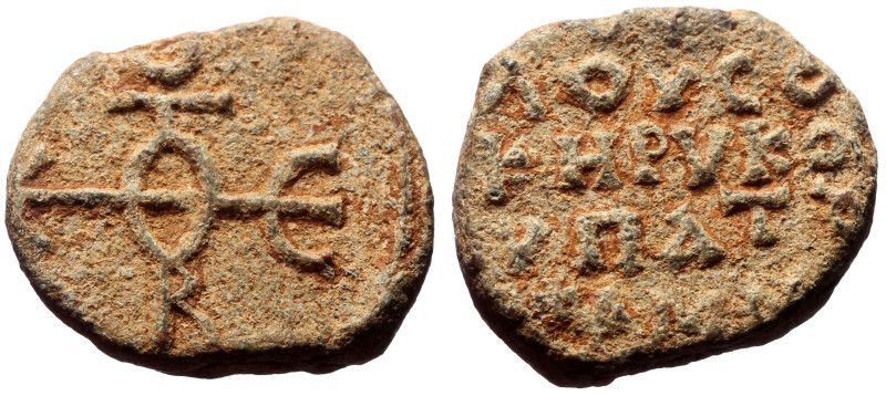 aul(?) ...  hypatos (7-8th century), Byzantine Pb Seal (10.63g, 22mm)
Obverse: ...