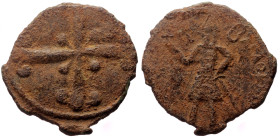 Crusaders, Edessa AE Follis (Bronze, 4.16g, 20mm) Baldwin II Second reign, 1108-1118. 
Obv: Baldwin standing left, wearing conical helmet and chain-ar...