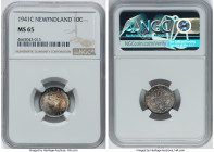 Newfoundland. George VI 10 Cents 1941-C MS65 NGC, Royal Canadian mint, KM20. A radiant oval of sunset and pilot light toning is amplified with a cartw...