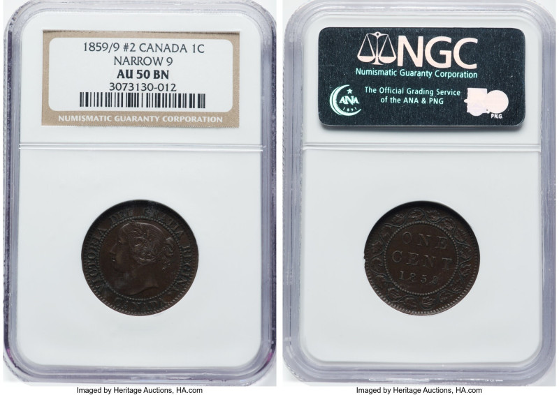 Victoria "Narrow 9" Cent 1859/9 AU50 Brown NGC, London mint, KM1. Variety with D...