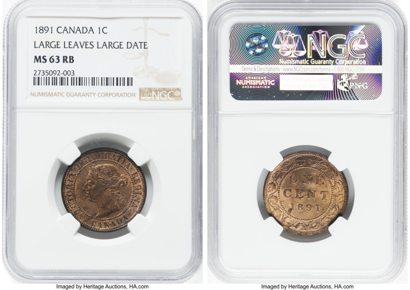 Victoria "Large Leaves - Large Date" Cent 1891 MS63 Red and Brown NGC, London mi...