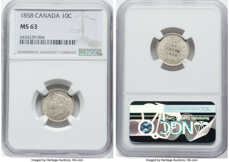 Victoria 10 Cents 1858 MS63 NGC, London mint, KM3. Somewhat silty in the reverse...