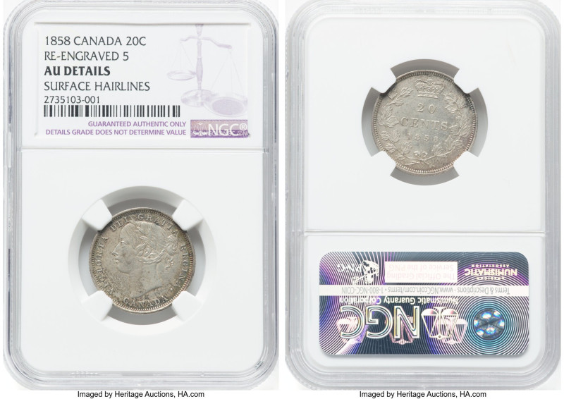 Victoria "Re-engraved 5" 20 Cents 1858 AU Details (Surface Hairlines) NGC, Londo...