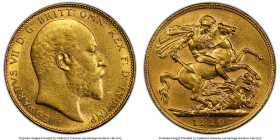 Edward VII gold Sovereign 1910-C AU55 PCGS, Ottawa mint, KM14, S-3970. Mintage: 28,012. A wholly respectable example of one of the scarcer dates in th...