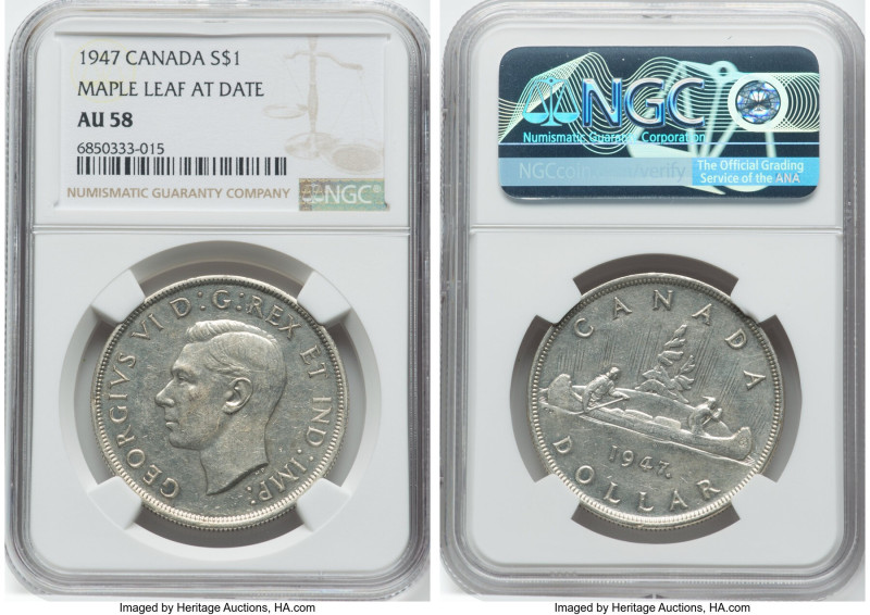 George VI "Maple Leaf" Dollar 1947 AU58 NGC, Royal Canadian mint, KM37. HID09801...