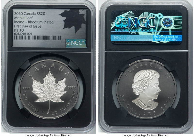 Elizabeth II rhodium plated silver Proof "Incuse Maple Leaf" 20 Dollars (1 oz) 2...