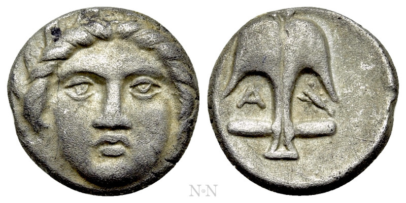 THRACE. Apollonia Pontika. Diobol (Circa 375-335 BC). 

Obv: Facing laureate h...