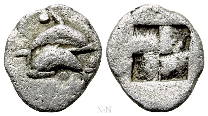 THRACE. Thasos. 1/16 Stater or Obol (Circa 500-480 BC). 

Obv: Two dolphins sw...