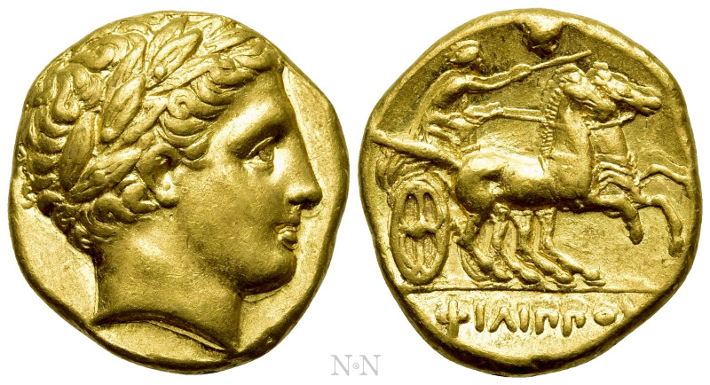 KINGS OF MACEDON. Philip II (359-336 BC). GOLD Stater. Pella. 

Obv: Laureate ...