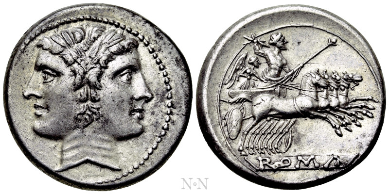 ANONYMOUS. Didrachm or Quadrigatus (Circa 225-214 BC). Uncertain mint.

Obv: L...