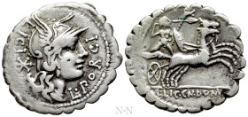 L. PORCIUS LICINIUS. Serrate Denarius (118 BC). Rome