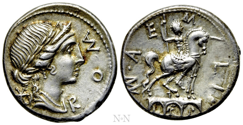 MN. AEMILIUS LEPIDUS. Denarius (114-113 BC). Rome. 

Obv: ROMA. 
Laureate, di...