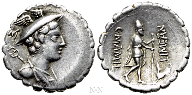 C. MAMILIUS LIMETANUS. Serrate Denarius (82 BC). Rome. 

Obv: Draped bust of M...