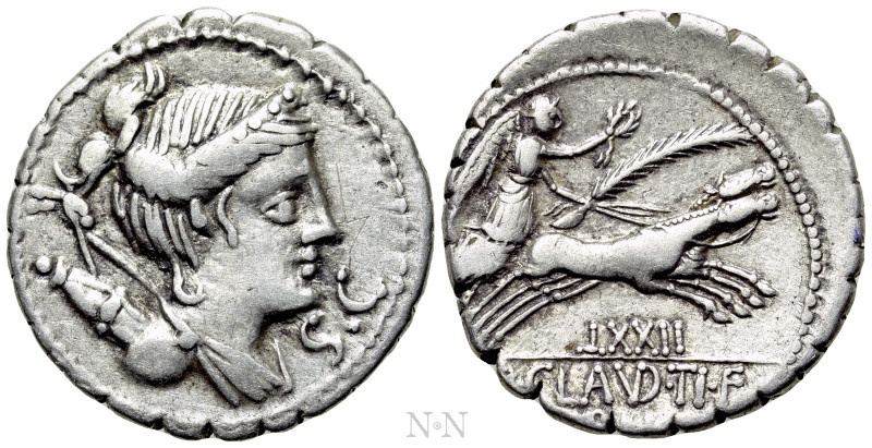 TI. CLAUDIUS NERO. Serrate Denarius (79 BC). Rome. 

Obv: S C. 
Draped bust o...