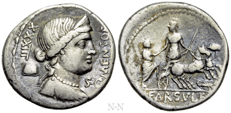 L. FARSULEIUS MENSOR. Denarius (76 BC). Rome. 

Obv: MENSOR / S C. 
Diademed ...