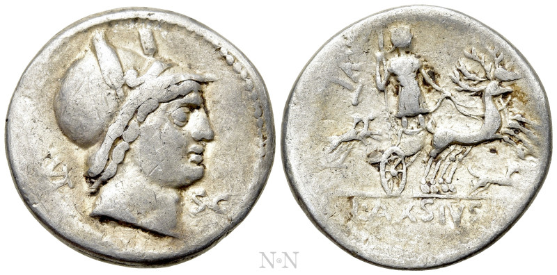 L. AXSIUS L.F. NASO. Denarius (71 BC). Rome. 

Obv: NASO / S C. 
Head of Mars...