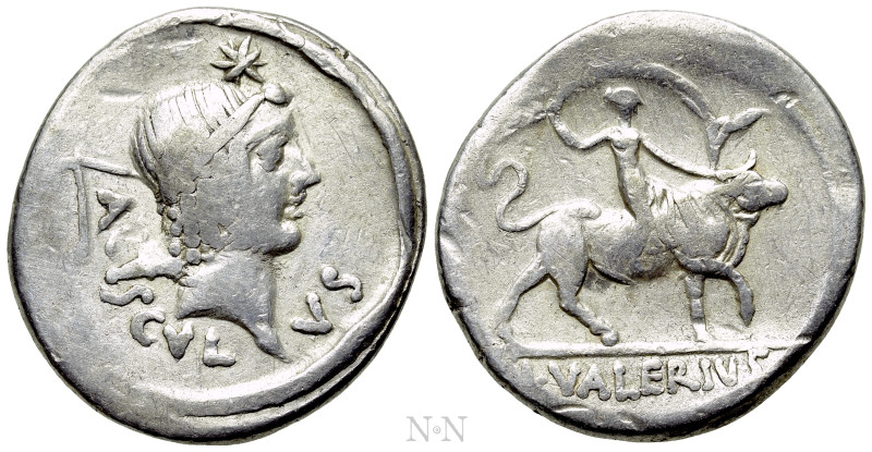 L. VALERIUS ACISCULUS. Denarius (45 BC). Rome. 

Obv: ACISCVLVS. 
Diademed he...