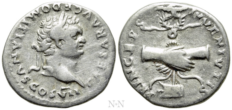 DOMITIAN (Caesar, 69-81). Denarius. Rome. 

Obv: CAESAR AVG F DOMITIANVS COS V...