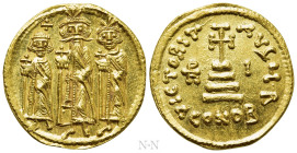 HERACLIUS with HERACLIUS CONSTANTINE and HERACLONAS (610-641). GOLD Solidus. Constantinople. Dated IY 10 (636/7)