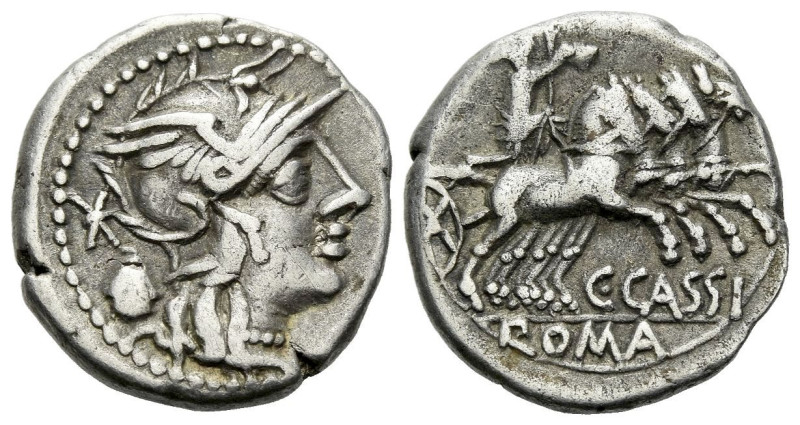 C. Cassius Longinus. Denarius circa 126, AR 16.80 mm., 3.77 g.
Helmeted head of...