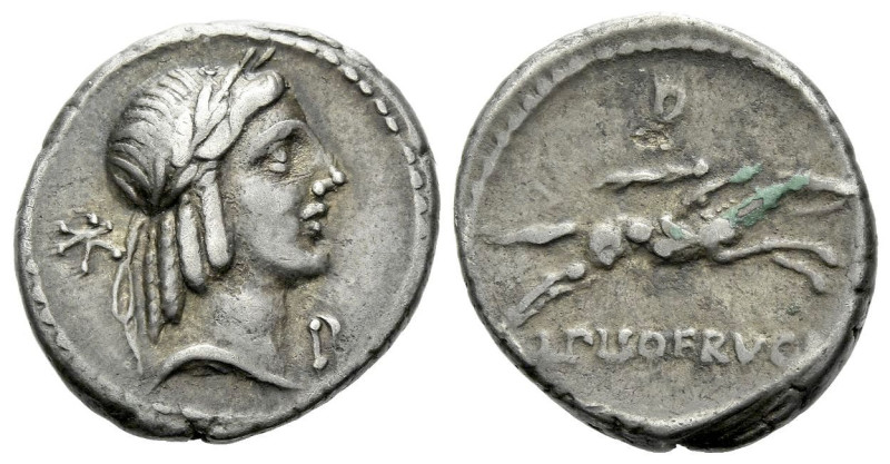 L. Piso Frugi. Denarius circa 90, AR 17.10 mm., 3.93 g.
Laureate head of Apollo...