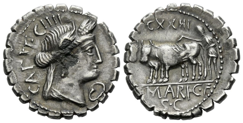 C. Marius C.f. Capito. Denarius serratus (fouree) circa 81, AR 19.60 mm., 3.45 g...