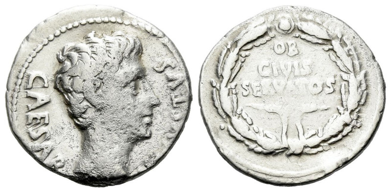 Octavian as Augustus, 27 BC – 14 AD Denarius Colonia Patricia 19 BC, AR 19.00 mm...