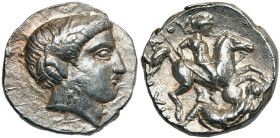 ROYAUME DE PEONIE, Patraos (340-315), AR tétradrachme. D/ T. l. d'Apollon à d. R/ ΠATPA-OY Cavalier coiffé d'un casque avec une haute crête, terrassan...