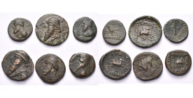 ROYAUME PARTHE, Mithradates II (123-88), lot de 6 bronzes: chalque, Rhagae, R/ Arc dans un carquois; tétrachalque, Rhagae, R/ Pégase; chalque, R/ Carq...