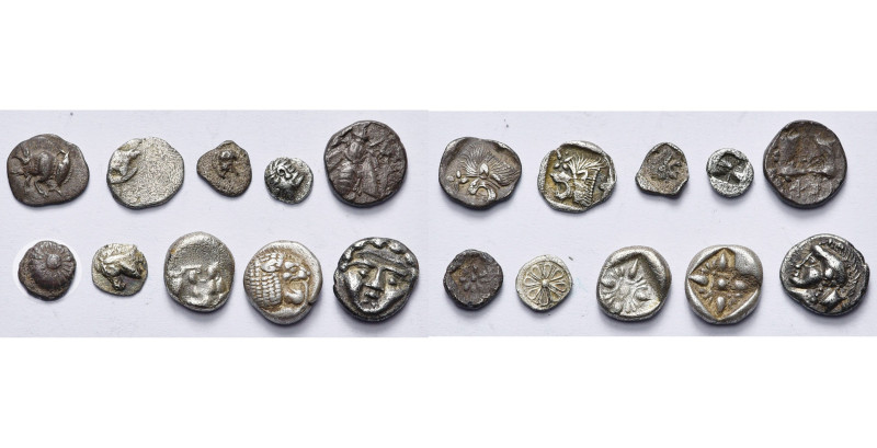 lot de 10 fractions: Mysie, Cyzique, 1/48 statère, Protome de sanglier/T. de lio...