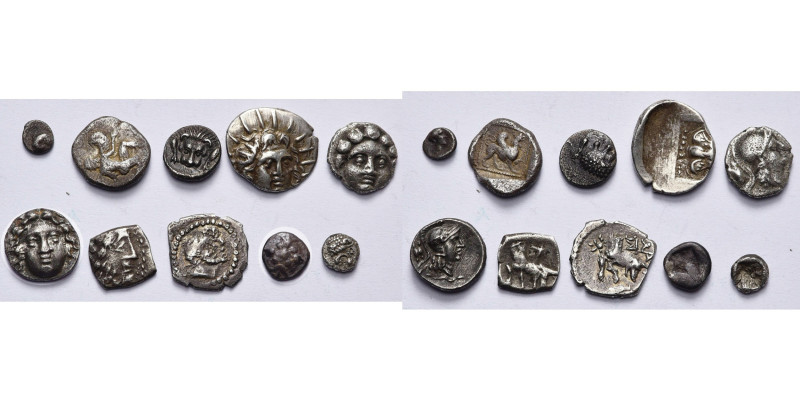 lot de 10 fractions, dont: Carie, atelier indéterminé, 1/32 statère, T. de bélie...