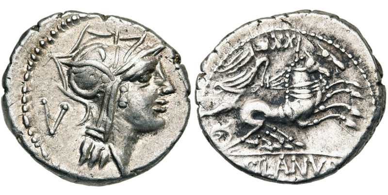 D. Iunius Silanus, AR denier, 91 av. J.-C., Rome. D/ T. casquée de Roma à d. A g...