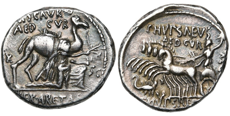 P. Hypsaeus et M. Aemilius Scaurus, AR denier, 58 av. J.-C., Rome. D/ Le roi Are...