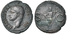 AGRIPPA, beau-fils d'Auguste, AE as, 37-41, Rome. Frappé sous Caligula. D/ M AGRIPPA L-F COS III T. à g., coiffée de la couronne rostrale. R/ S-C Nept...