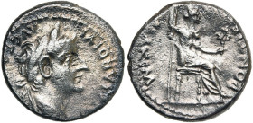 TIBERE Auguste (14-37), AR denier, 36-37, Lyon. D/ TI CAESAR DIVI AVG F AVGVSTVS T. l. à d. R/ PONTIF- MAXIM Figure féminine, Pax ou Livie, assise à d...