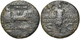 GERMANICUS (†19), père de Caligula, AE dupondius, 37-41, Rome. Frappé sous Caligula. D/ Germanicus dans un quadrige triomphal à d. Au-dessus, GERMANIC...